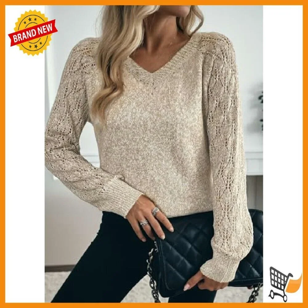 Lightweight Crochet Sweater V-Neck Loose Fit Polyester Fall Winter